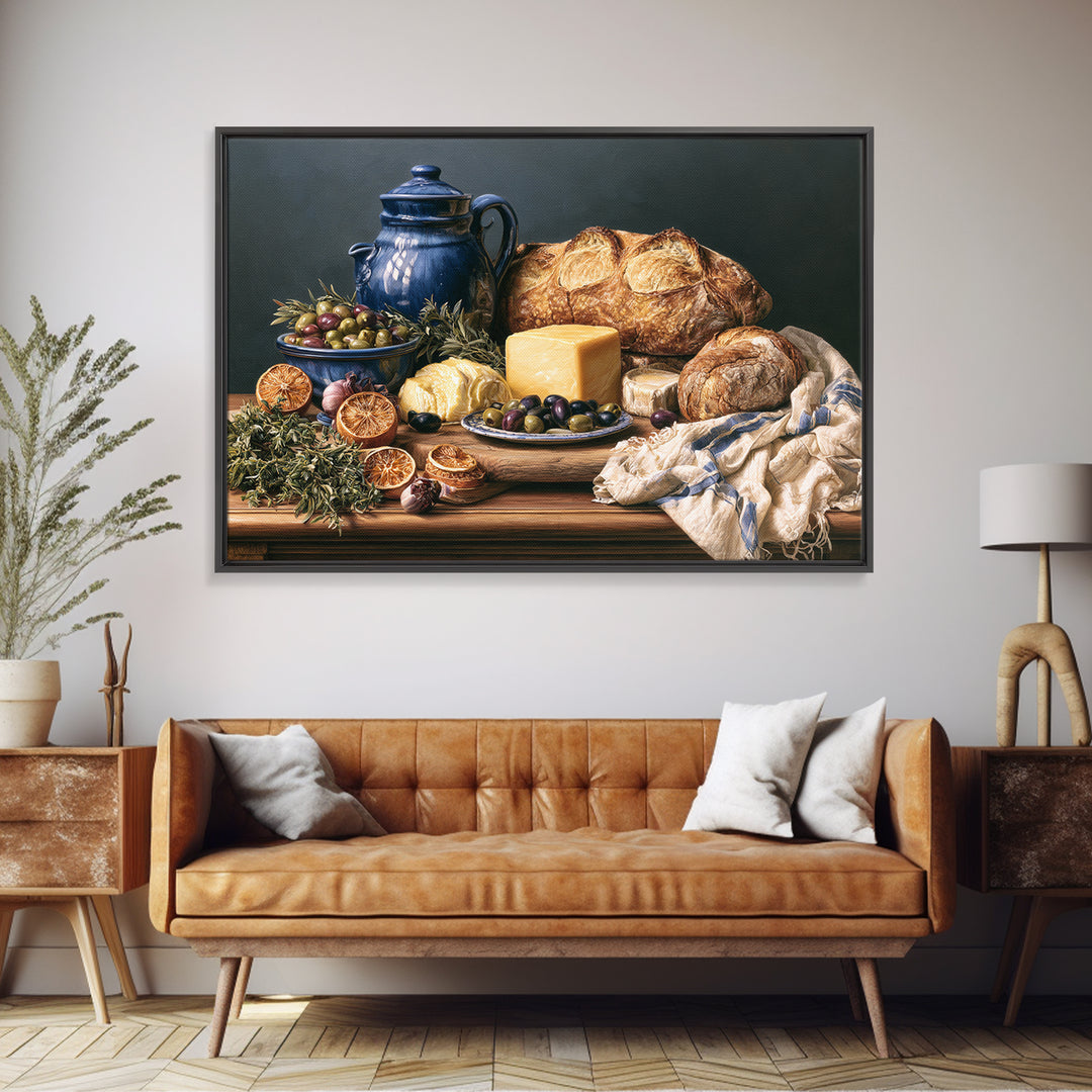 Mediterranean Olives Bread and Cheese Board Canvas Print, Restaurant Art, Bedroom Wall Art, Restaurant Decor, Bistro, RES-3x2-13