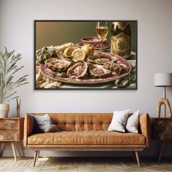 Oyster Platter with Lemons and Champagne Framed Canvas Print, Restaurant Art, Statement Artwork, Restaurant Decor, Bistro, RES-3x2-31