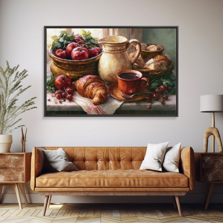 French Bistro Coffee and Croissant Still Life Canvas Print, Restaurant Art, Bedroom Wall Art, Restaurant Decor, Watercolor Art, RES-3x2-34