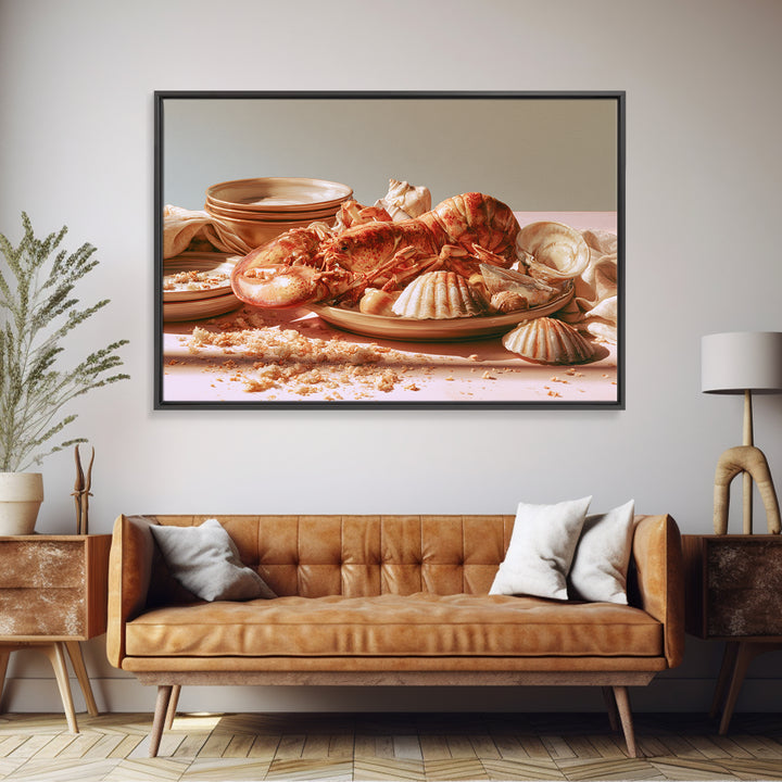 Seafood Lobster and Shell Arrangement Framed Canvas Print, Restaurant Art, Cool Wall Art, Restaurant Decor, Fine Art, Bistro, RES-3x2-36