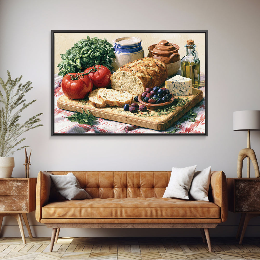 Mediterranean Olives Bread and Cheese Board Canvas Print, Restaurant Art, Food Art, Restaurant Decor, Oil Painting, Bistro, RES-3x2-37