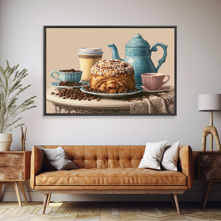 Coffee Beans and Pastry Arrangement Framed Canvas Print, Restaurant Art, Watercolor Painting, Restaurant Decor, Oil Painting, RES-3x2-50