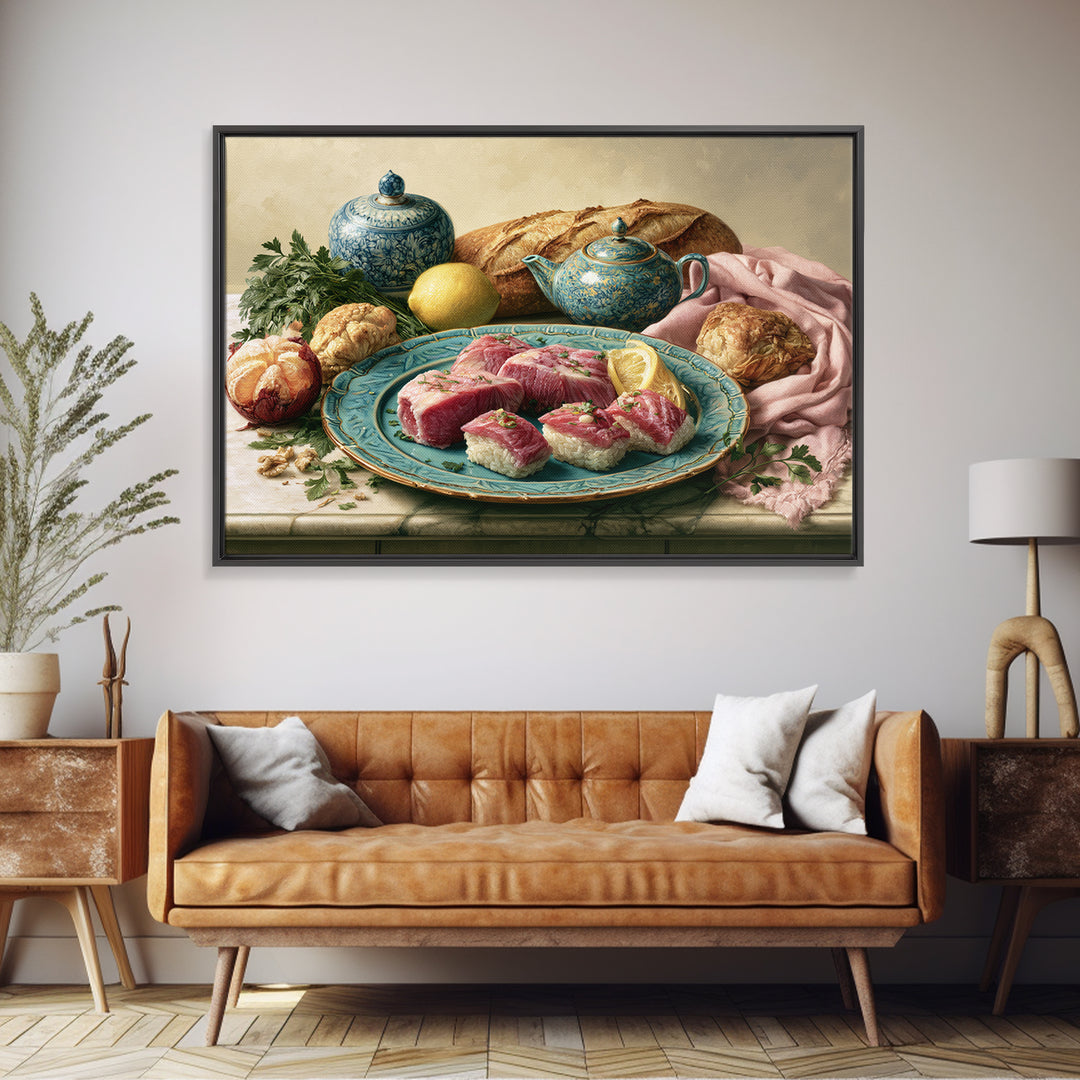 Sushi Fish and Ceramic Plate Composition Canvas Print, Restaurant Art, Cool Wall Art, Restaurant Decor, Fine Art, Bistro, RES-3x2-57