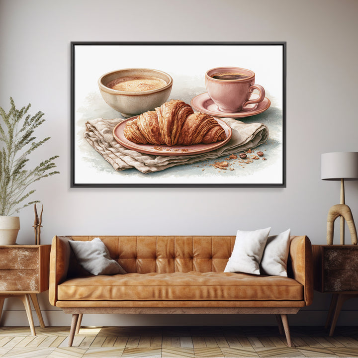 French Bistro Coffee and Croissant Still Life Canvas Print, Restaurant Art, Bedroom Wall Art, Restaurant Decor, Watercolor Art, RES-3x2-58