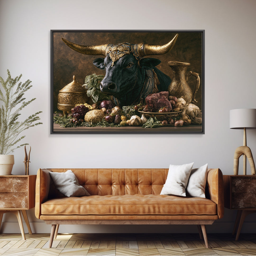 Steakhouse Black and Gold Bull Portrait Framed Canvas Print, Restaurant Art, Wall Art Prints, Restaurant Decor, Bistro, RES-3x2-59