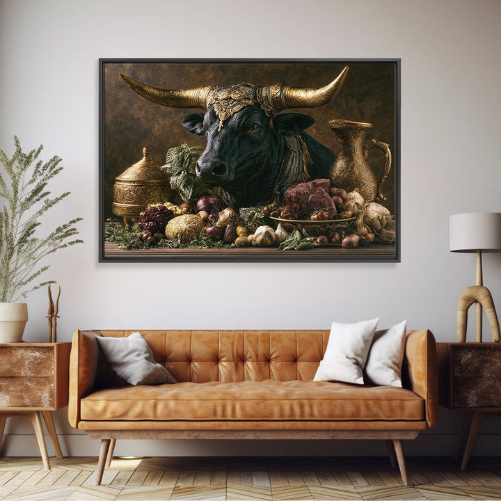 Steakhouse Black and Gold Bull Portrait Framed Canvas Print, Restaurant Art, Wall Art Prints, Restaurant Decor, Bistro, RES-3x2-59