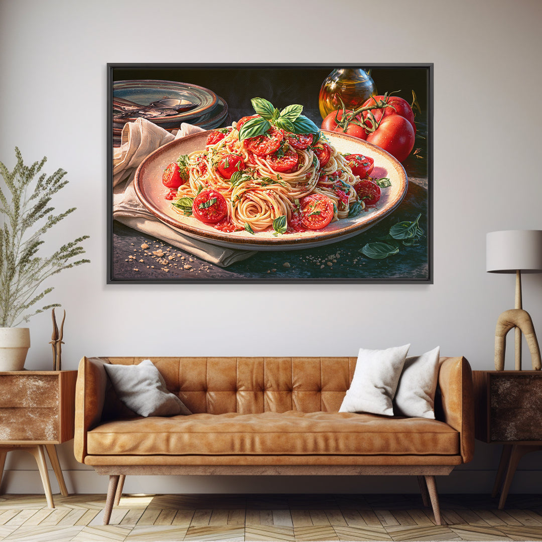 Fresh Pasta with Tomatoes and Basil Framed Canvas Print, Restaurant Art, Kitchen Art, Restaurant Decor, Fine Art, Bistro, RES-3x2-6