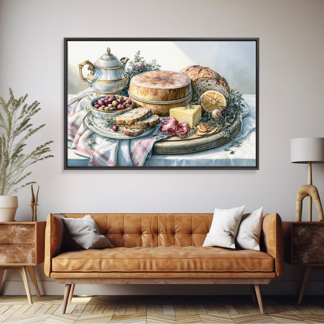 Mediterranean Olives Bread and Cheese Board Canvas Print, Restaurant Art, Food Art, Restaurant Decor, Oil Painting, Bistro, RES-3x2-61
