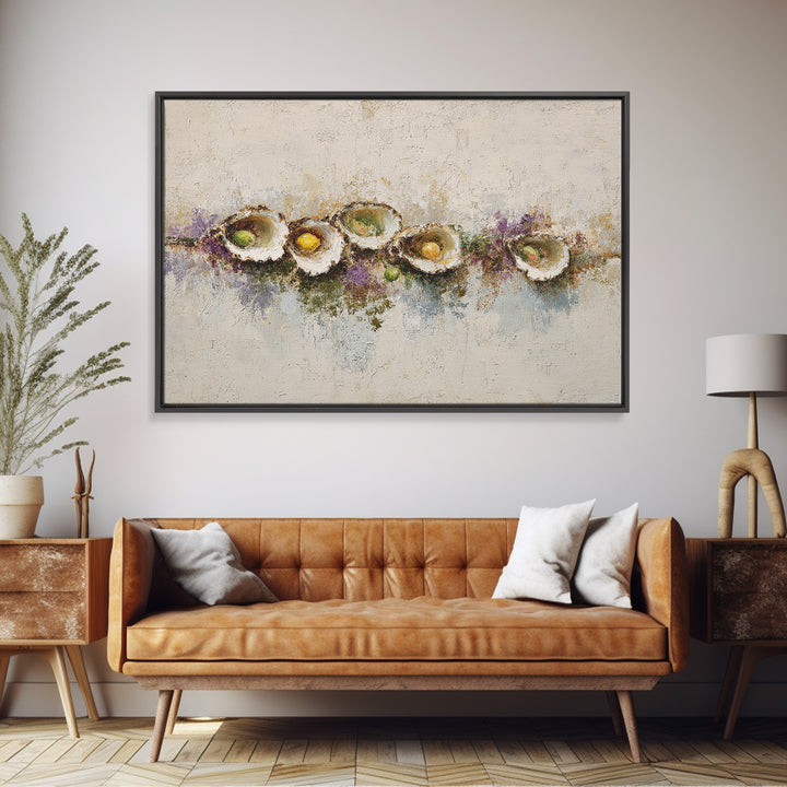 Oyster Platter with Lemons and Champagne Framed Canvas Print, Restaurant Art, Kitchen Wall Art, Restaurant Decor, Abstract Art, RES-3x2-7