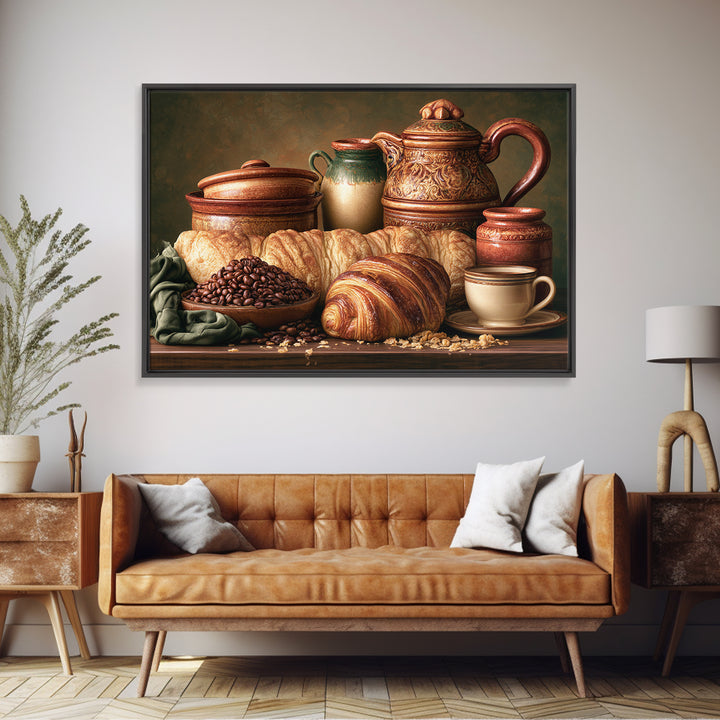 Coffee Beans and Pastry Arrangement Framed Canvas Print, Restaurant Art, Watercolor Painting, Restaurant Decor, Oil Painting, RES-3x2-74