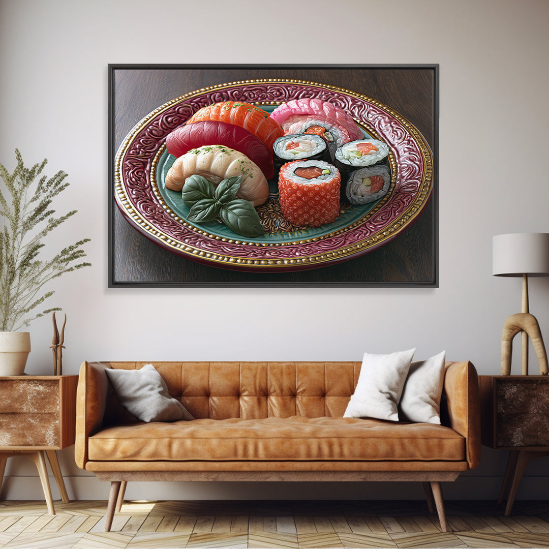 Sushi Fish and Ceramic Plate Composition Framed Canvas Print, Restaurant Art, Fine Art Print, Restaurant Decor, Bistro, RES-3x2-81