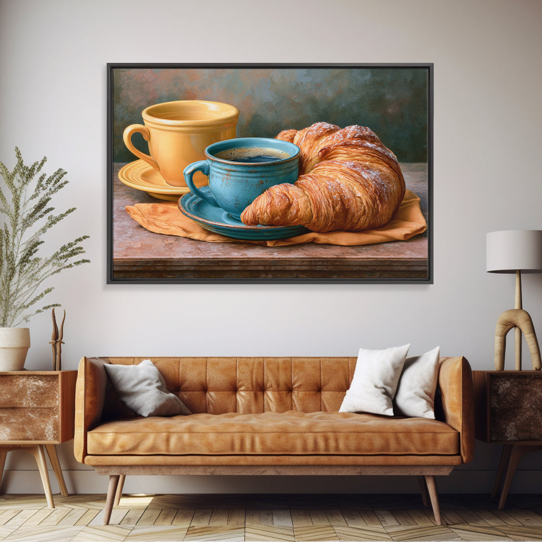 French Bistro Coffee and Croissant Still Life Framed Canvas Print, Restaurant Art, Food Art, Restaurant Decor, Oil Painting, RES-3x2-82