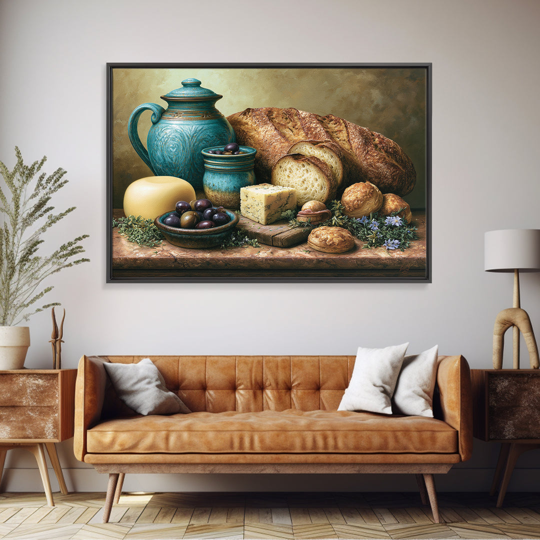 Mediterranean Olives Bread and Cheese Board Framed Canvas Print, Restaurant Art, Statement Artwork, Restaurant Decor, Bistro, RES-3x2-85