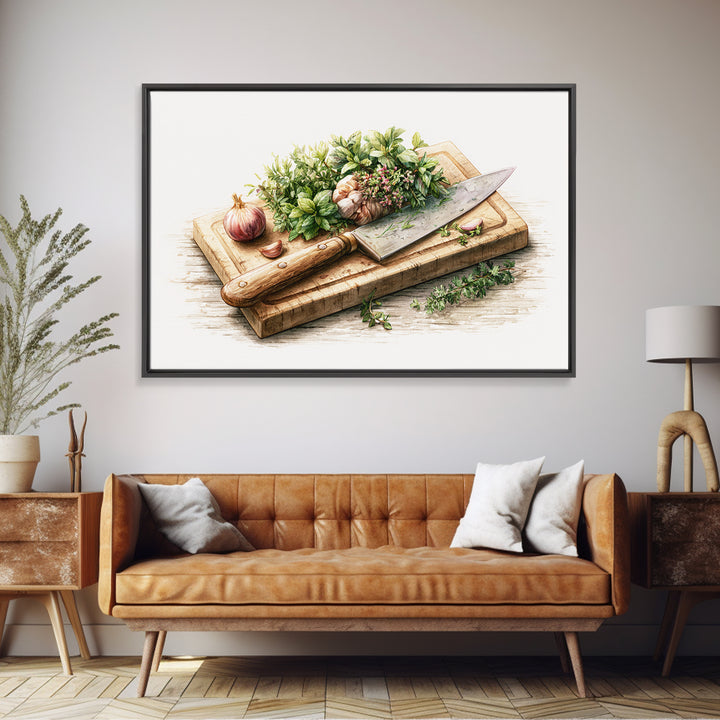 Chef Knife Herbs and Cutting Board Still Canvas Print, Restaurant Art, Boho Decor, Restaurant Decor, Oil Painting, Bistro, RES-3x2-89