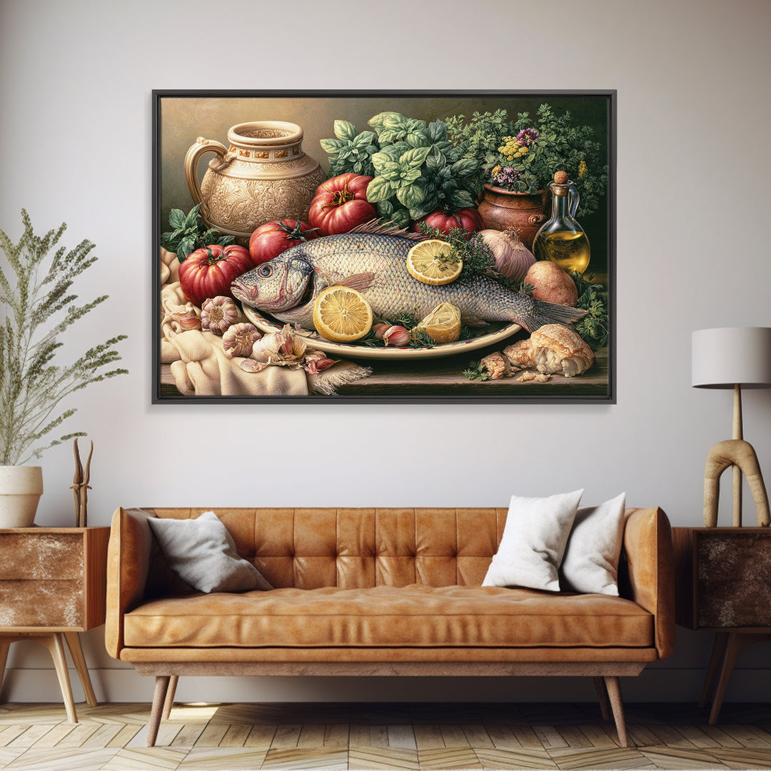 Fresh Fish with Lemon and Herbs Framed Canvas Print, Restaurant Art, Kitchen Decor, Restaurant Decor, Fine Art, Bistro, RES-3x2-99
