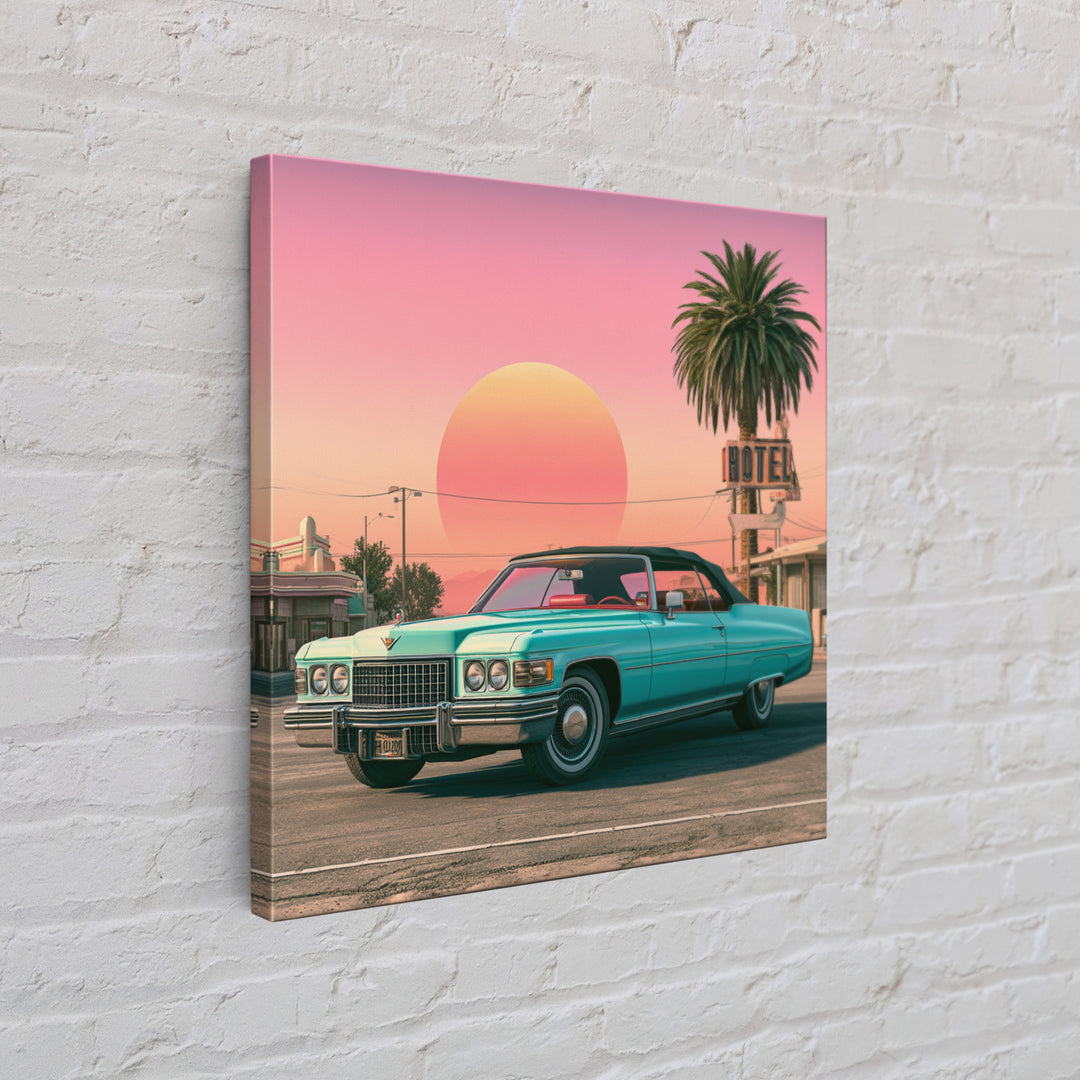 Classic Convertible at Pink Sunset Canvas Print, Retro Art, Whimsical Decor, Living Room Decor, Fine Art, Retro, Modern Decor, RET-1x1-10