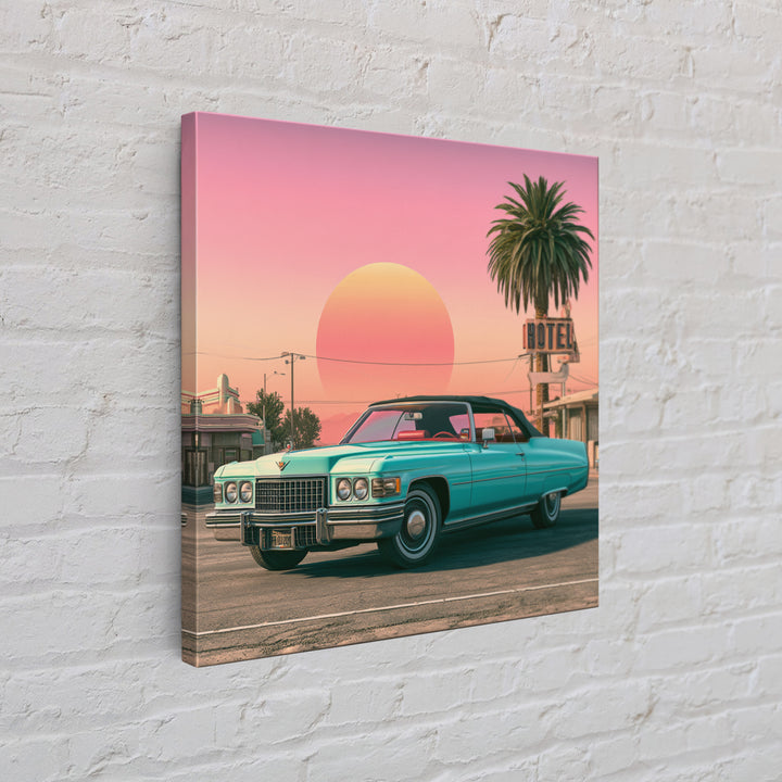 Classic Convertible at Pink Sunset Canvas Print, Retro Art, Whimsical Decor, Living Room Decor, Fine Art, Retro, Modern Decor, RET-1x1-10