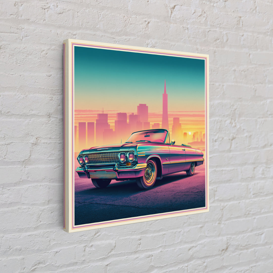 Classic Convertible at Pink Sunset Framed Canvas Print, Retro Art, Bedroom Wall Art, Living Room Decor, Watercolor Art, Retro, RET-1x1-34