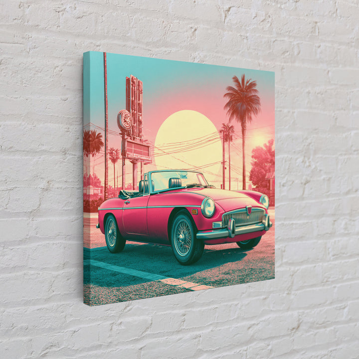 Classic Convertible at Pink Sunset Framed Canvas Print, Retro Art, Bedroom Wall Art, Living Room Decor, Watercolor Art, Retro, RET-1x1-58