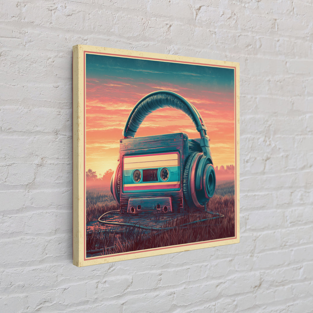 Cassette Tape and Headphones Graphic Framed Canvas Print, Retro Art, Gallery Decor, Living Room Decor, Fine Art, Retro, RET-1x1-78