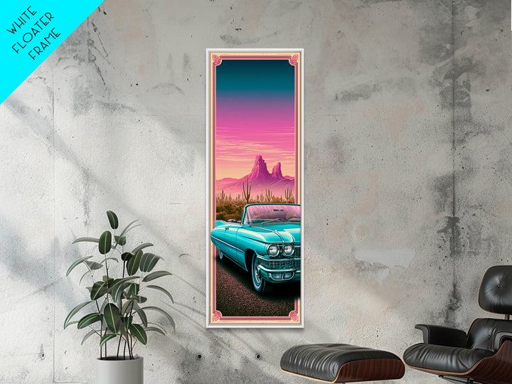 Classic Convertible at Pink Sunset Framed Canvas Print, Retro Art, Cat Art, Living Room Decor, Fine Art, Retro, RET-1x3-70