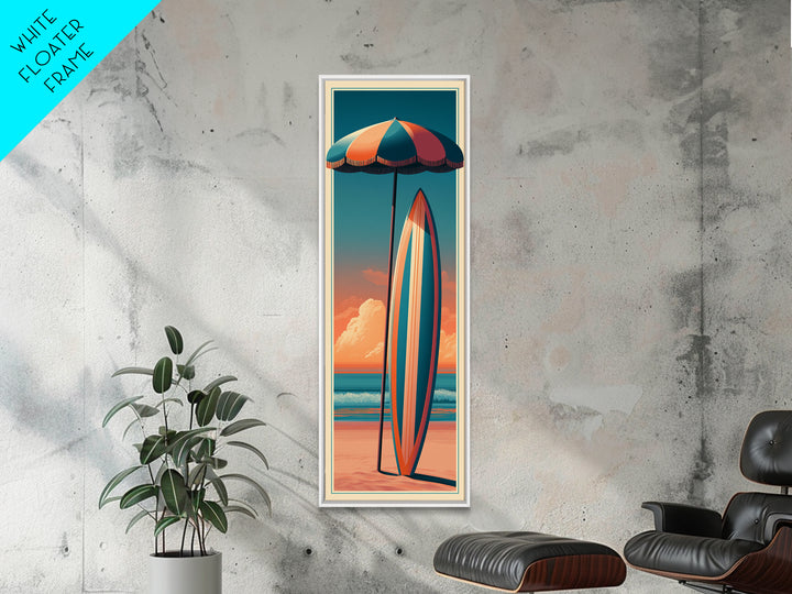 Retro Beach Umbrella and Surfboard Canvas Print, Retro Art, Floral Wall Art, Living Room Decor, Retro, Minimalist Decor, RET-1x3-78