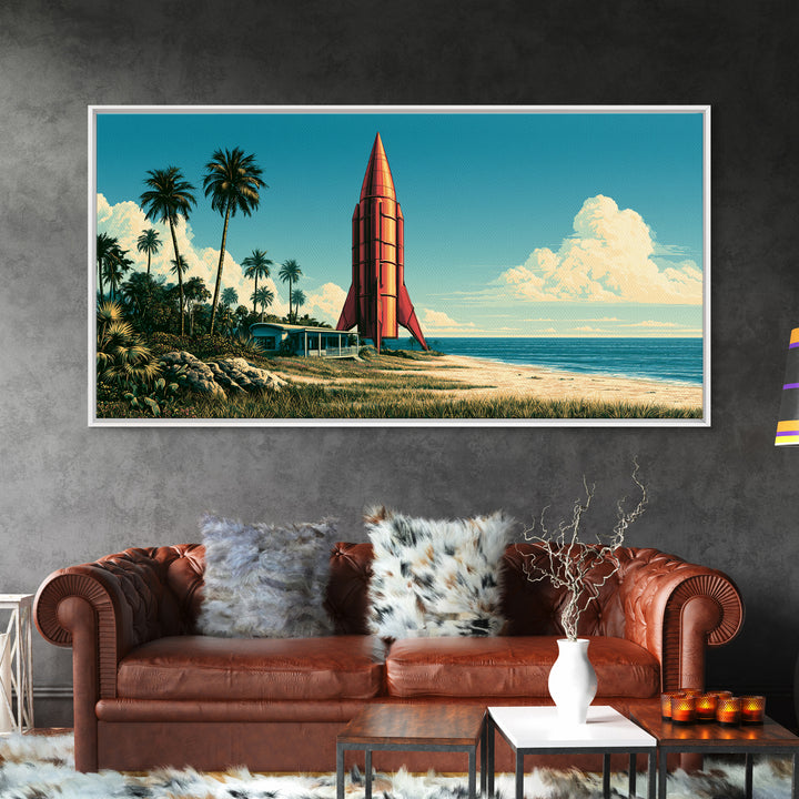 Space Age Rocket Poster Scene Framed Canvas Print, Retro Art, Fine Art Print, Living Room Decor, Fine Art, Retro, Wall Decor, RET-2x1-27