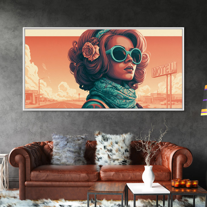 Mod Woman in Sunglasses and Scarf Framed Canvas Print, Retro Art, Minimalist Decor, Living Room Decor, Fine Art, Retro, RET-2x1-28