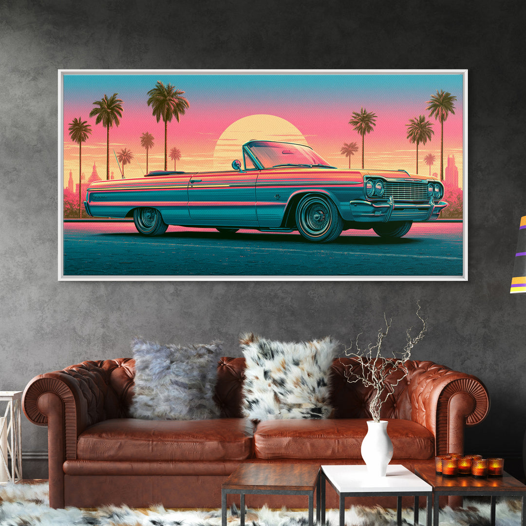 Classic Convertible at Pink Sunset Framed Canvas Print, Retro Art, Luxury Decor, Living Room Decor, Fine Art, Retro, RET-2x1-30