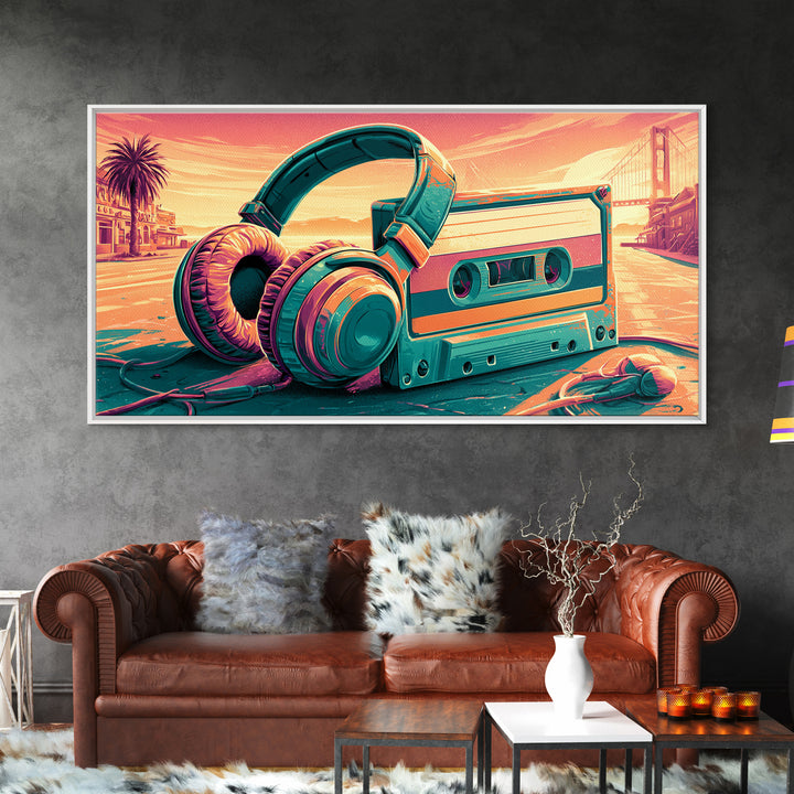 Cassette Tape and Headphones Graphic Framed Canvas Print, Retro Art, Minimalist Decor, Living Room Decor, Fine Art, Retro, RET-2x1-50