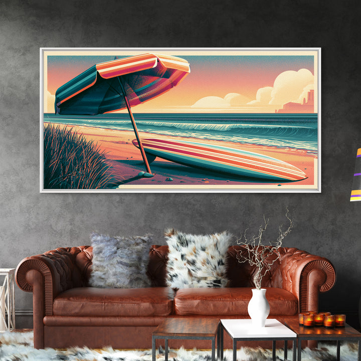 Retro Beach Umbrella and Surfboard Canvas Print, Retro Art, Room Decor, Living Room Decor, Oil Painting, Retro, Wall Art Prints, RET-2x1-62