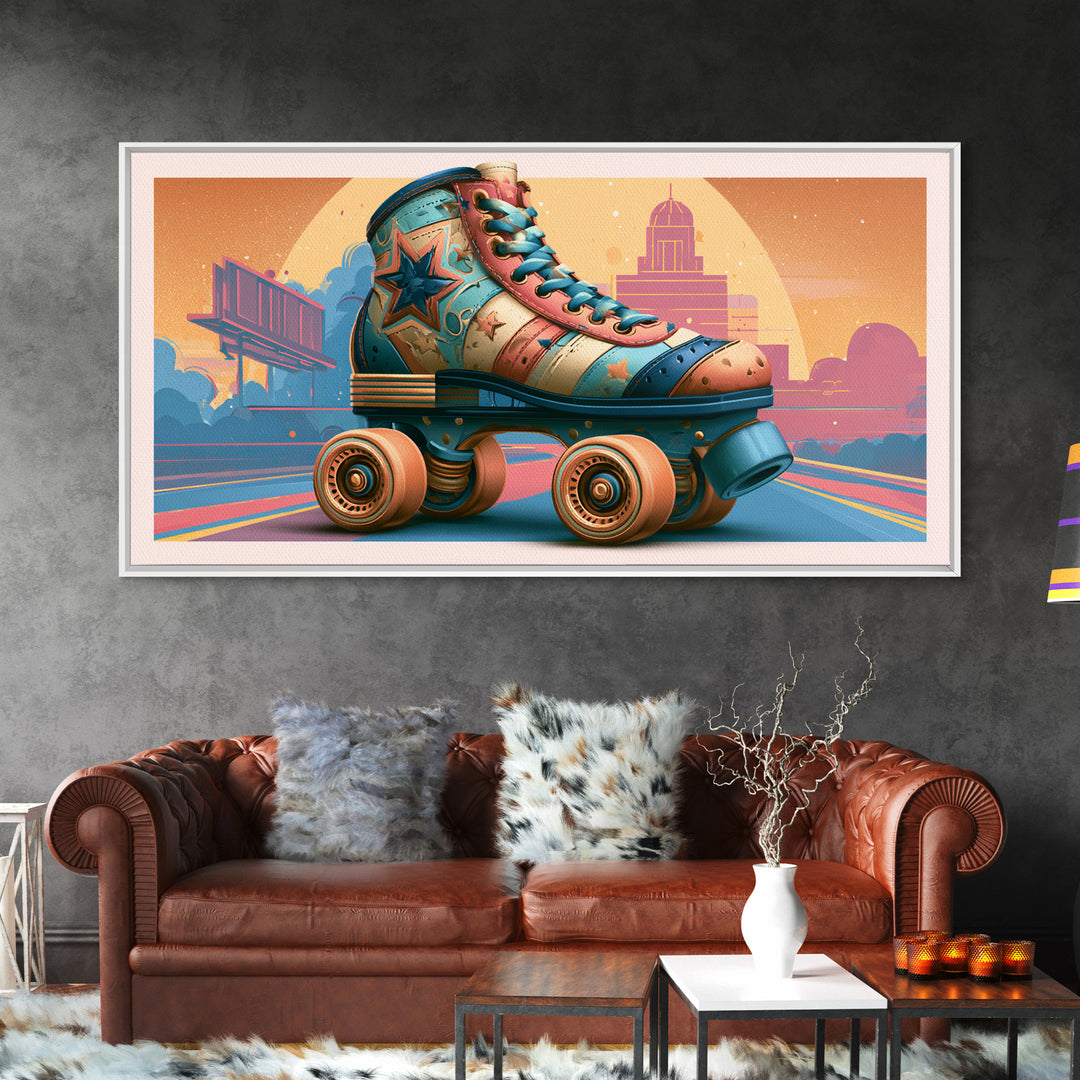 Retro Roller Skate Framed Canvas Print, Retro Art, Mid Century Modern, Living Room Decor, Fine Art, Retro, Dopamine Decor, RET-2x1-72