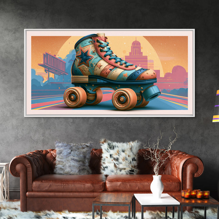 Retro Roller Skate Framed Canvas Print, Retro Art, Mid Century Modern, Living Room Decor, Fine Art, Retro, Dopamine Decor, RET-2x1-72