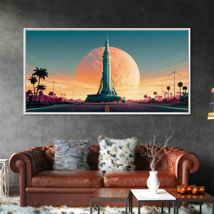Space Age Rocket Poster Scene Framed Canvas Print, Retro Art, Boho Decor, Living Room Decor, Fine Art, Retro, Posters, RET-2x1-75