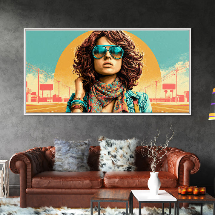 Mod Woman in Sunglasses and Scarf Canvas Print, Retro Art, Apartment Decor, Living Room Decor, Fine Art, Retro, Cat Art, RET-2x1-76