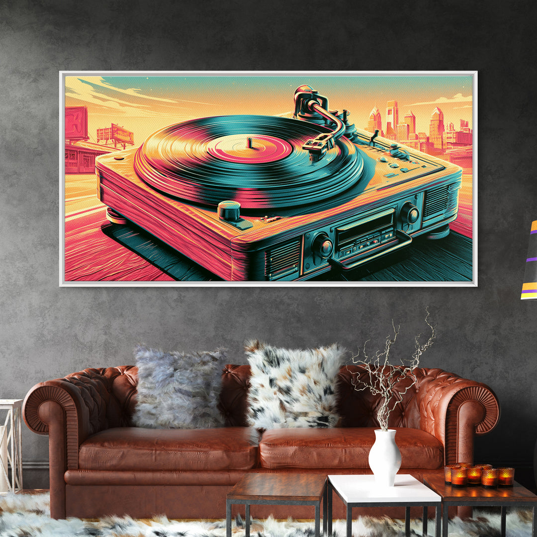 Vinyl Record Player Framed Canvas Print, Retro Art, Printable Art, Living Room Decor, Fine Art, Retro, Funky Wall Art, RET-2x1-80