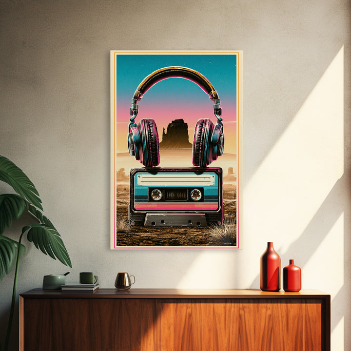 Cassette Tape and Headphones Graphic Canvas Print, Retro Art, Art Print, Living Room Decor, Oil Painting, Retro, RET-2x3-14