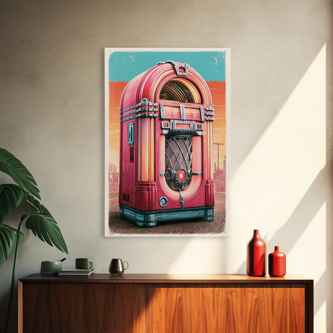 Jukebox Glowing in Red and Chrome Framed Canvas Print, Retro Art, Art Nouveau, Living Room Decor, Retro, Bedroom Wall Art, RET-2x3-28