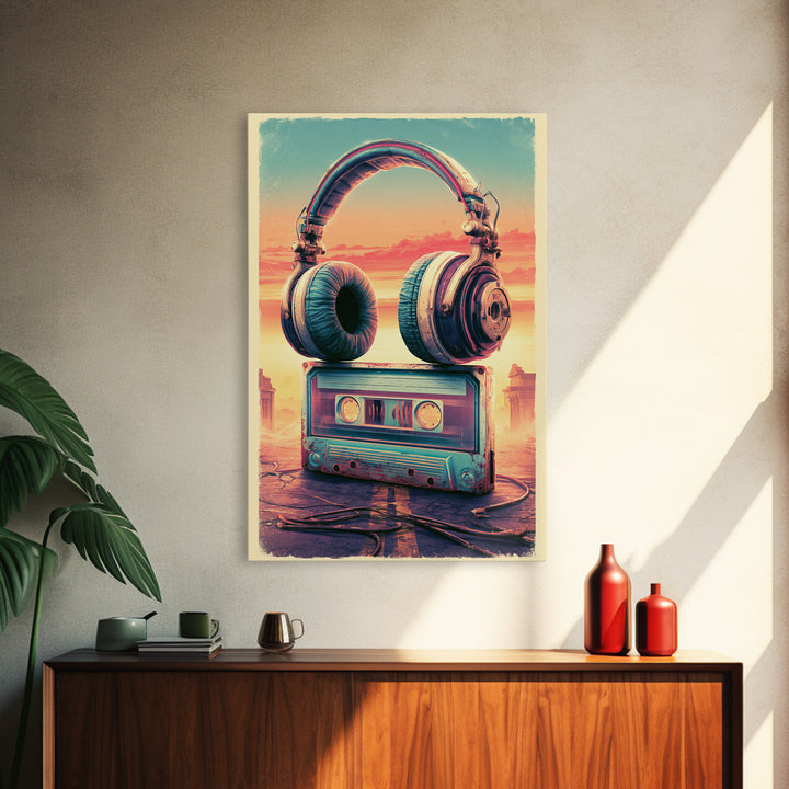 Cassette Tape and Headphones Graphic Framed Canvas Print, Retro Art, Wall Art, Living Room Decor, Fine Art, Retro, Original Art, RET-2x3-38