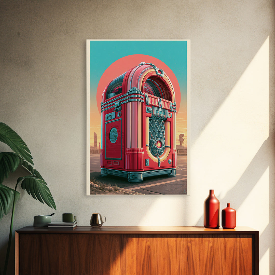 Jukebox Glowing in Red and Chrome Framed Canvas Print, Retro Art, Apartment Decor, Living Room Decor, Fine Art, Retro, RET-2x3-76