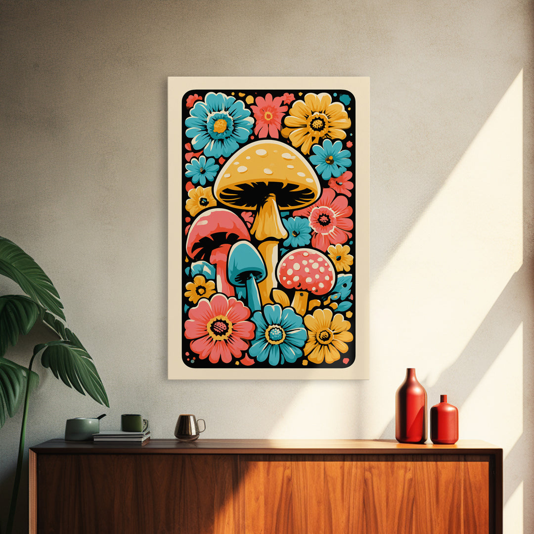 Funky Mushroom and Flower Pattern Canvas Print, Retro Art, Poster, Living Room Decor, Watercolor Art, Retro, Abstract Art, RET-2x3-79