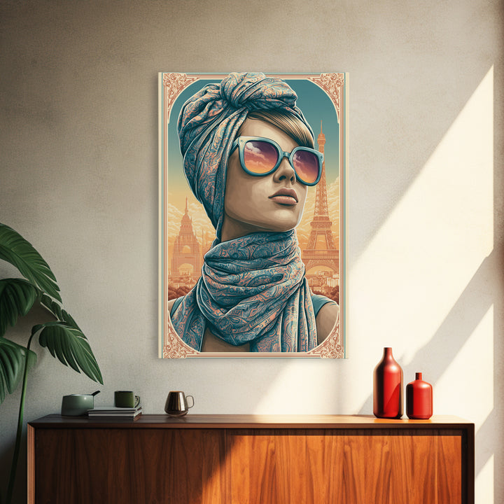 Mod Woman in Sunglasses and Scarf Framed Canvas Print, Retro Art, Printable Wall Art, Living Room Decor, Fine Art, Retro, RET-2x3-88