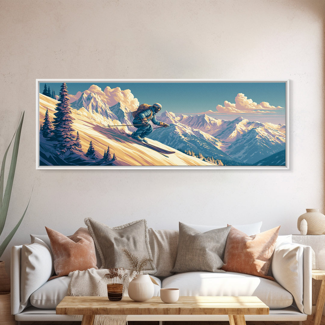 Retro Ski Poster Mountain Scene Canvas Print, Retro Art, Abstract Wall Art, Living Room Decor, Watercolor Art, Retro, RET-3x1-16