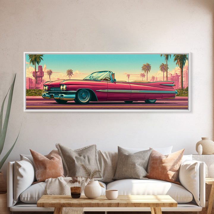 Classic Convertible at Pink Sunset Framed Canvas Print, Retro Art, Digital Prints, Living Room Decor, Fine Art, Retro, RET-3x1-2