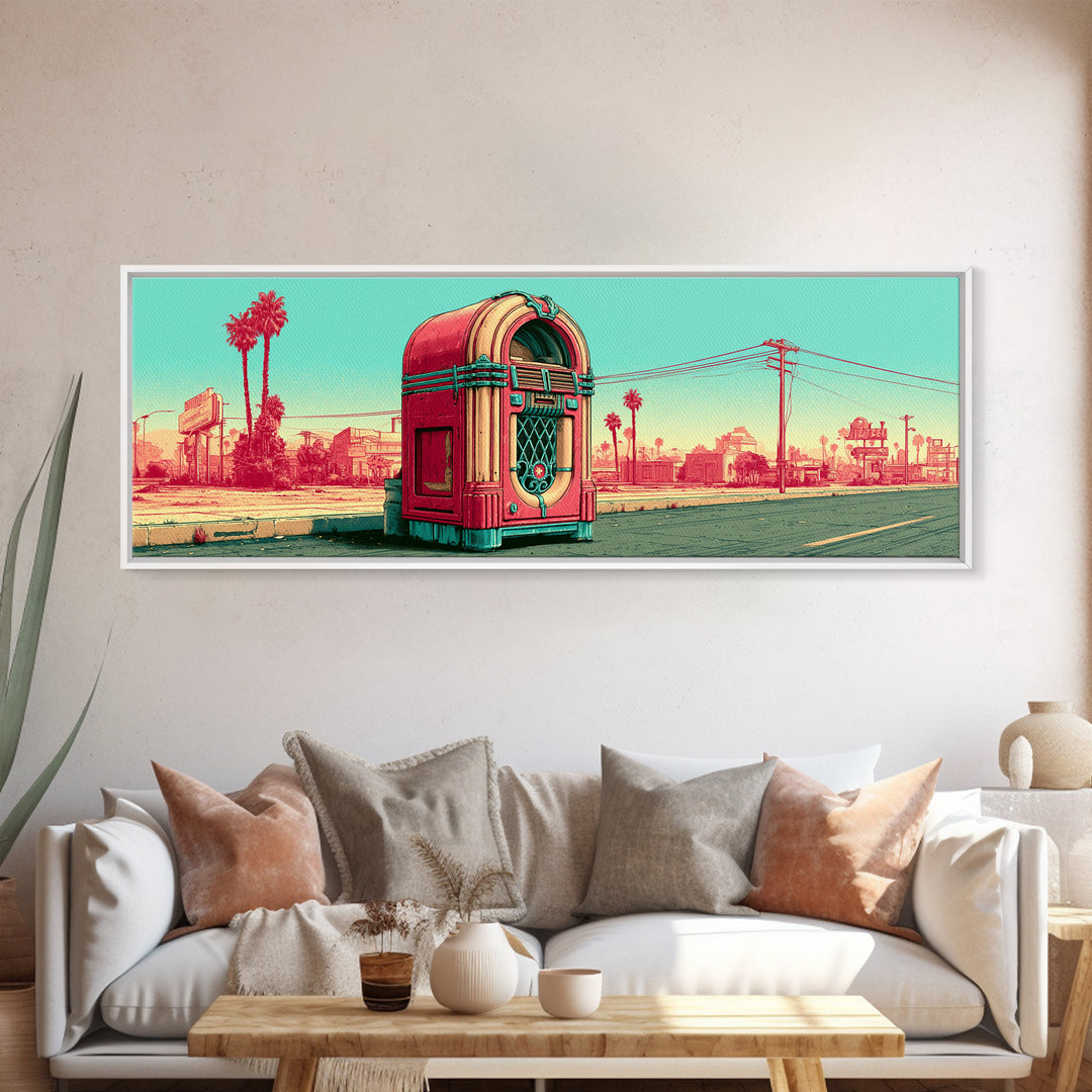 Jukebox Glowing in Red and Chrome Canvas Print, Retro Art, Floral Wall Art, Living Room Decor, Retro, Minimalist Decor, RET-3x1-36
