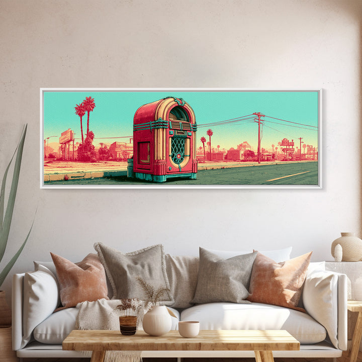 Jukebox Glowing in Red and Chrome Canvas Print, Retro Art, Floral Wall Art, Living Room Decor, Retro, Minimalist Decor, RET-3x1-36