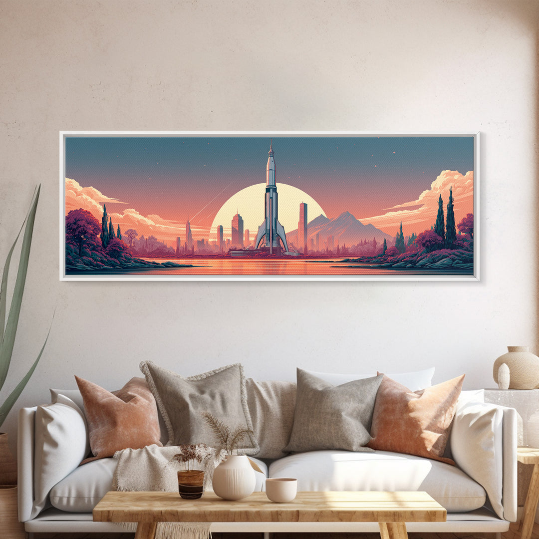 Space Age Rocket Poster Scene Framed Canvas Print, Retro Art, Wall Decor, Living Room Decor, Fine Art, Retro, Apartment Decor, RET-3x1-47
