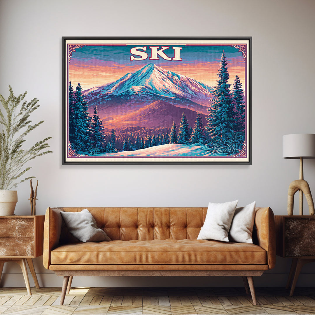Retro Ski Poster Mountain Scene Framed Canvas Print, Retro Art, Fine Art Print, Living Room Decor, Fine Art, Retro, Wall Decor, RET-3x2-100