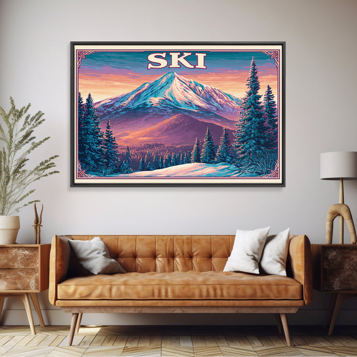 Retro Ski Poster Mountain Scene Framed Canvas Print, Retro Art, Fine Art Print, Living Room Decor, Fine Art, Retro, Wall Decor, RET-3x2-100
