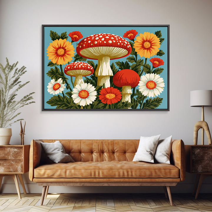 Funky Mushroom and Flower Pattern Framed Canvas Print, Retro Art, Abstract Wall Art, Living Room Decor, Fine Art, Retro, RET-3x2-27